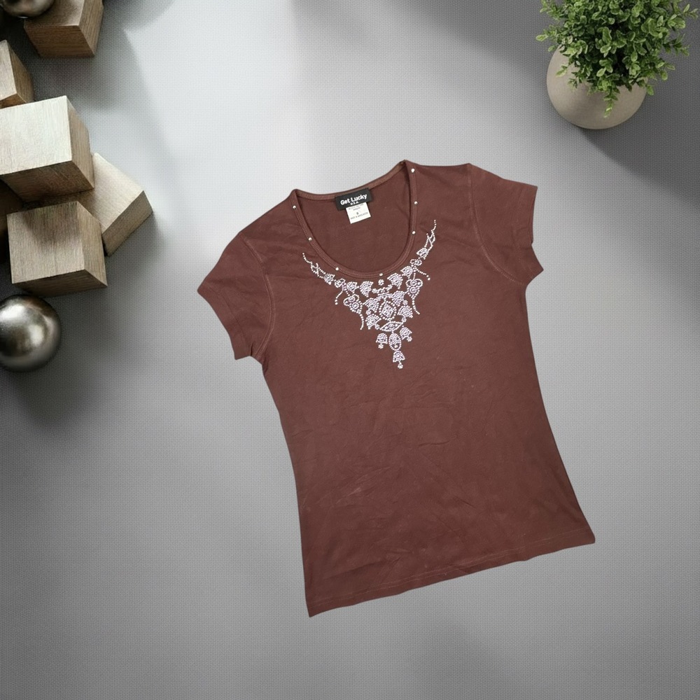 Get Lucky USA Brown Rhinestone Graphic Tee Y2K Vintage Short Sleeve Shirt Small